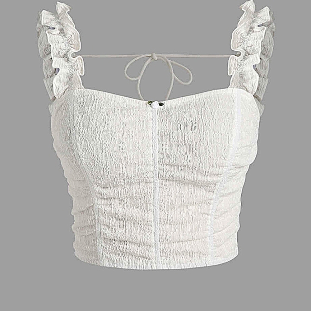 CIDER White Ruffled Crop Top w Low Back